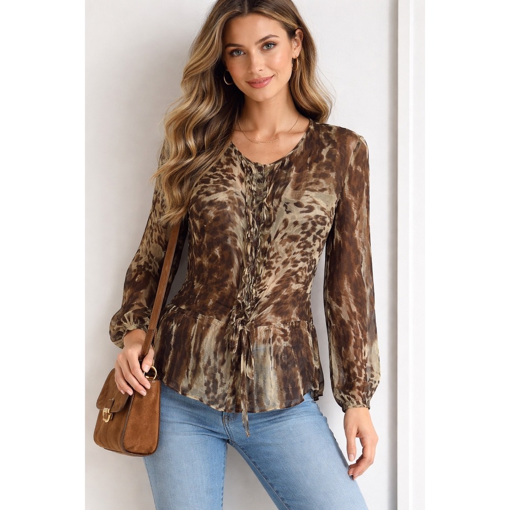 Cabi Brown Leopard Animal Print 100% Silk Ruffle‎ Peplum Tie Waist Top S Sheer